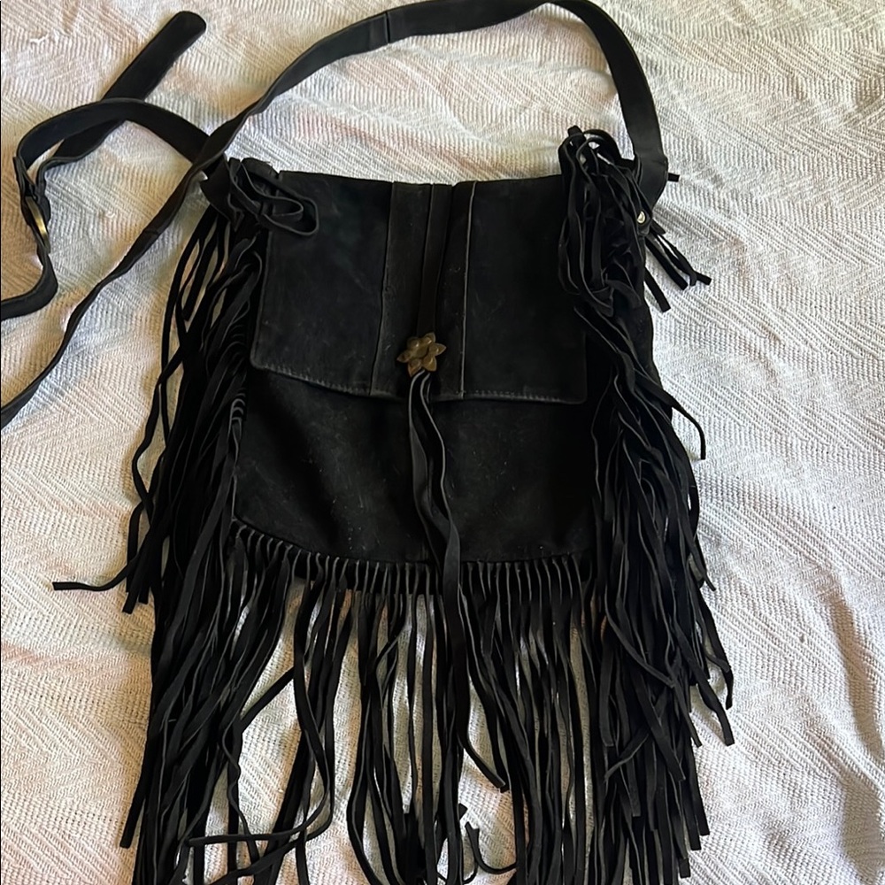 Vintage Black Suede Fringe Crossbody Bag with Floral Snap